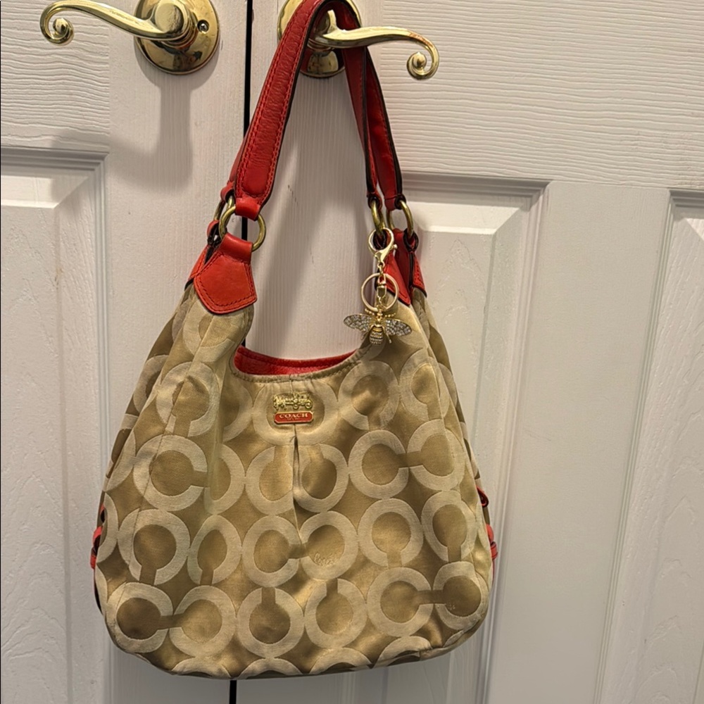 Coach Tan and Orange Signature Monogram Bag featuring Carriage logo on front. - Picture 2 of 16